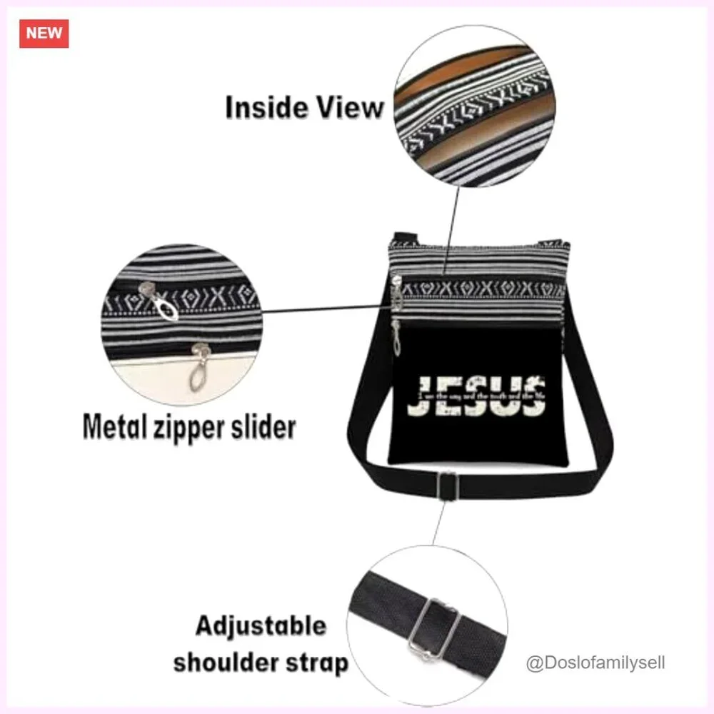 Jesus Scripture Letter Print Crossbody Bag Adjustable Strap Polyester Fiber